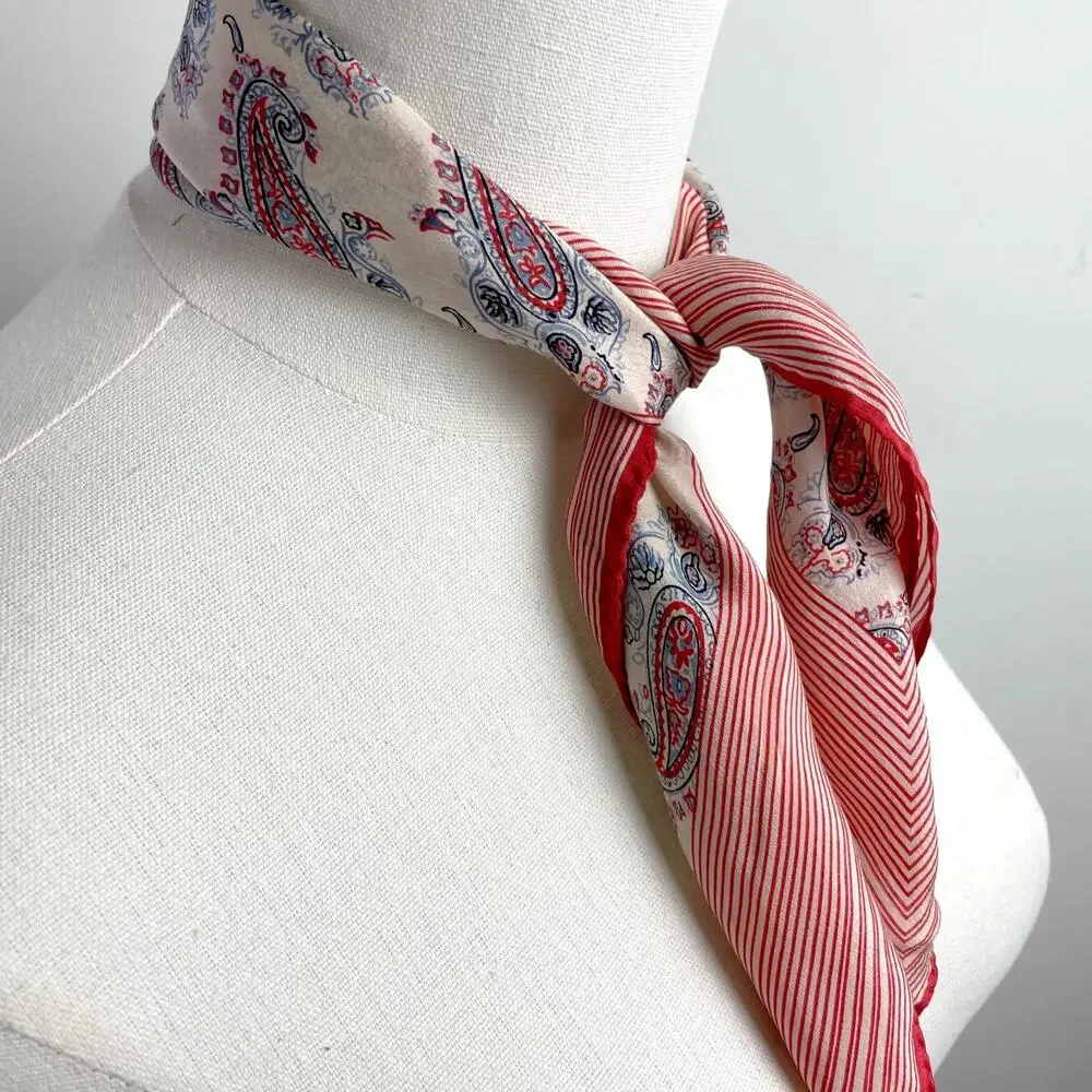 Vintage 70s Silk Square Scarf Paisley Red Ivory Old Money Quiet Luxury Parisian